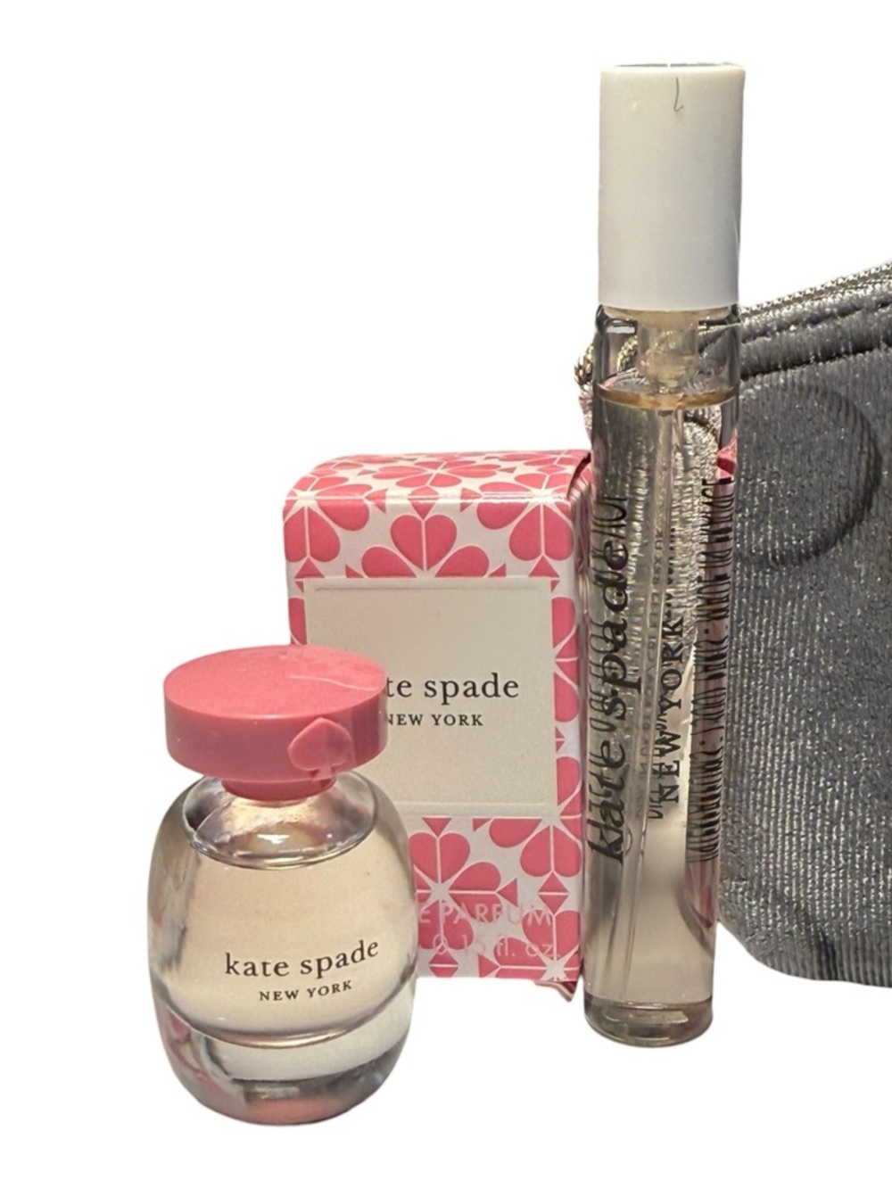 Kate Spade New York Fragrance Set Velvet Gray Polka Dot Pouch Spray + Mini NWT - Picture 2 of 7